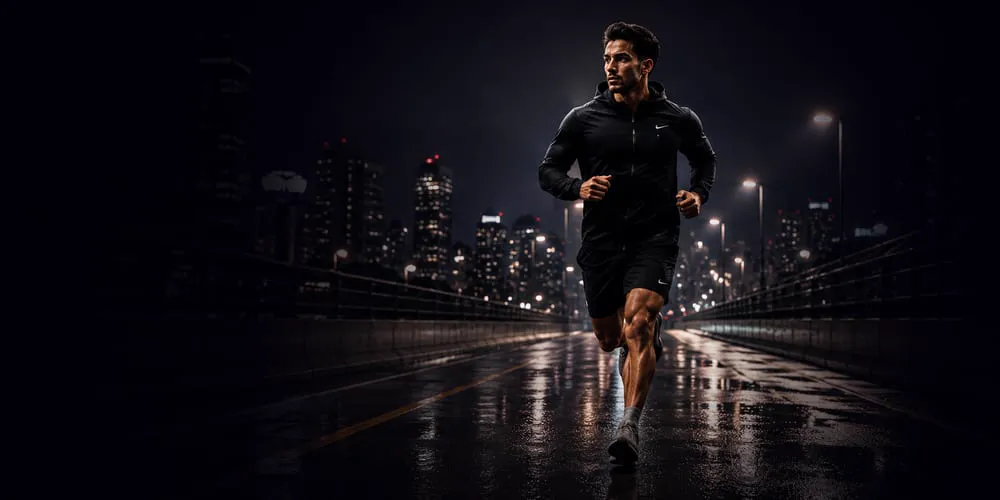 A runner on a wet city street at night