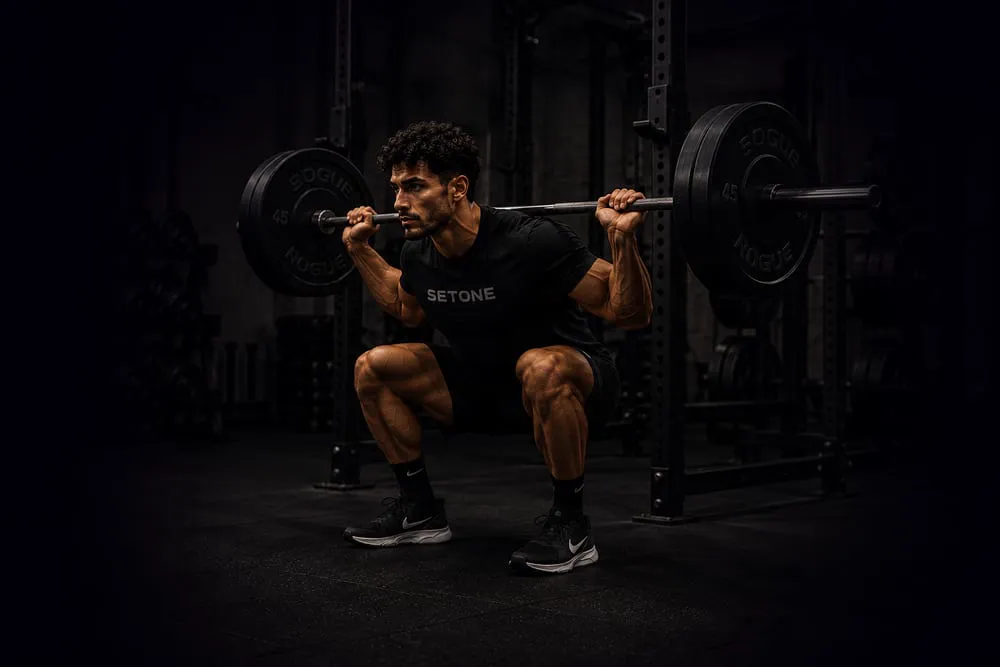 A lifter squatting a barbell in a dark gym
