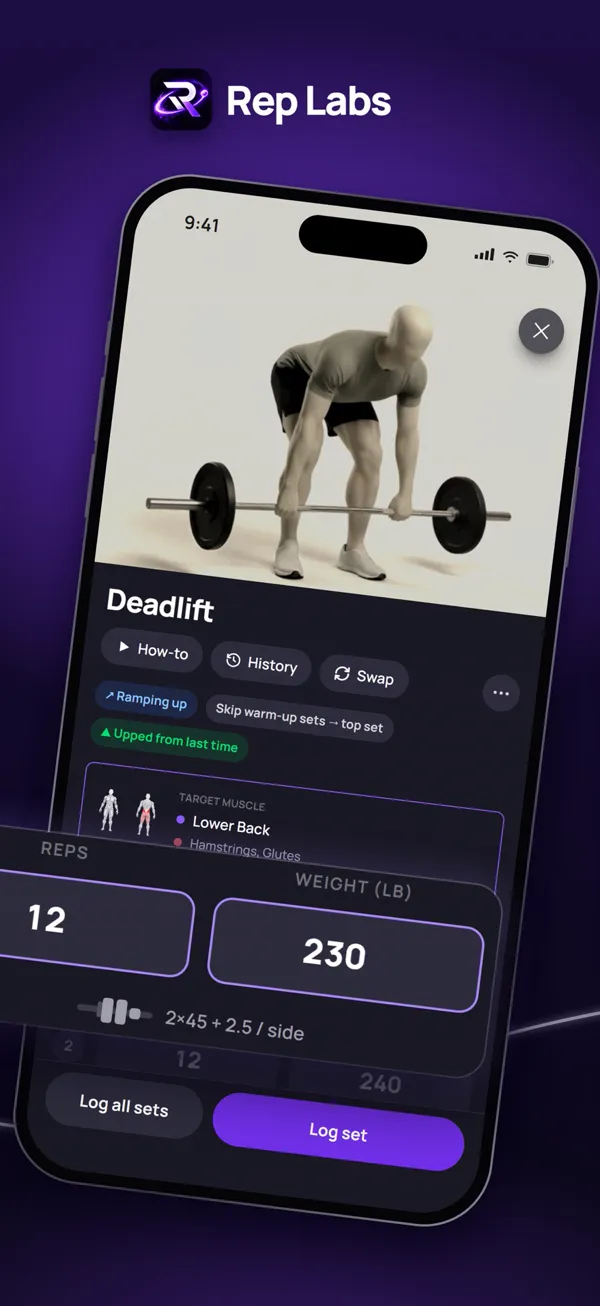 The set logger with planned reps and weight for a deadlift