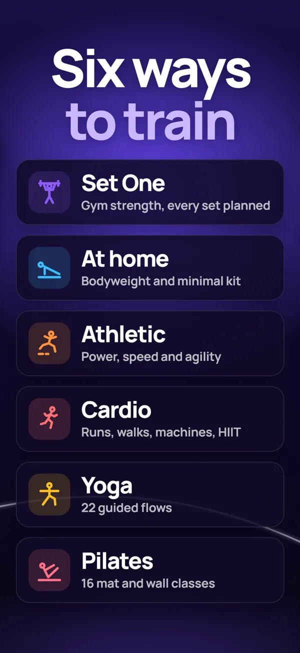 Six ways to train: Set One, At home, Athletic, Cardio, Yoga and Pilates